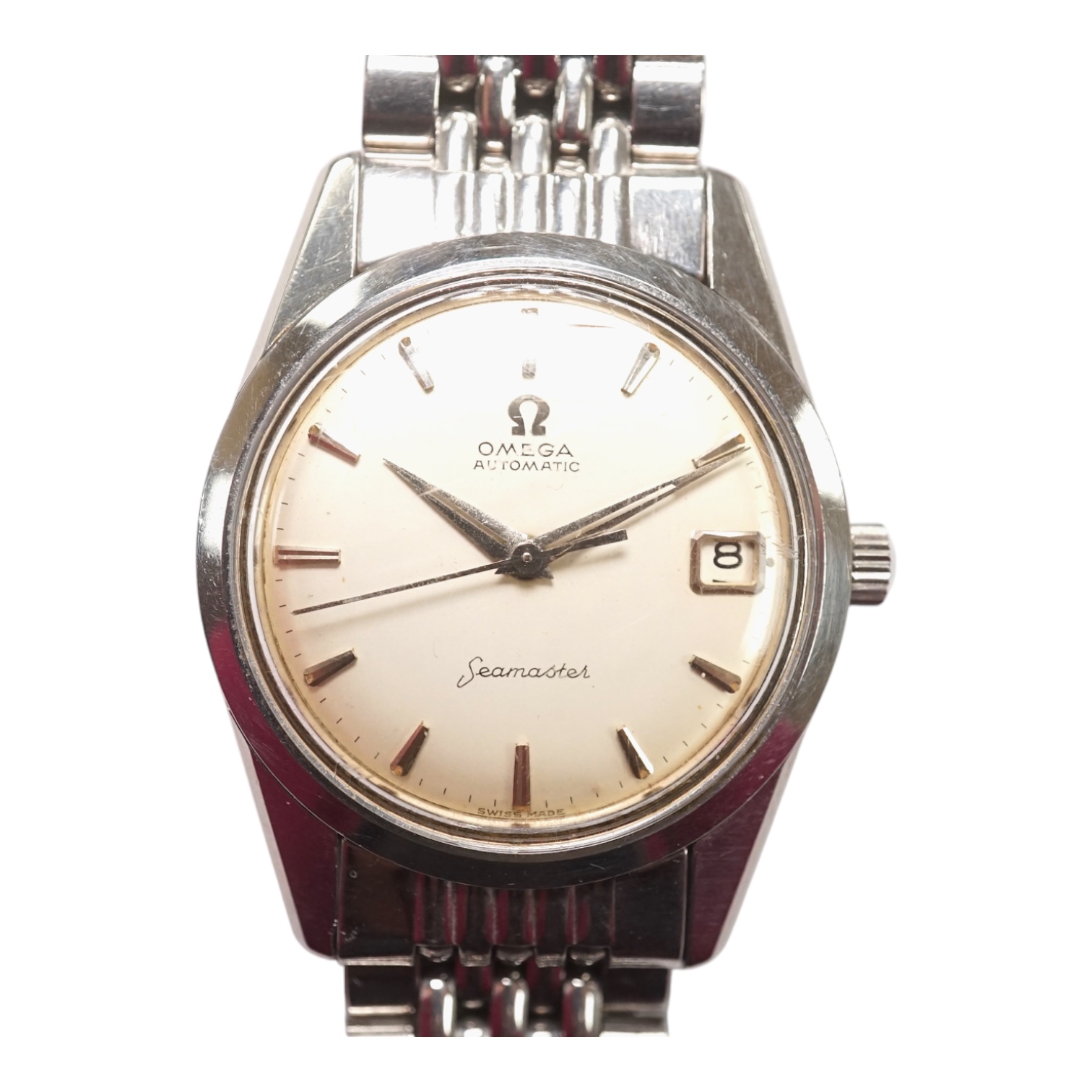 A gentleman's 1960's? stainless steel Omega Seamaster Automatic wrist watch, with baton numerals and date aperture, case diameter 35mm, no box or papers. Condition - poor to fair